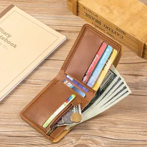 Vintage brown genuine leather men's wallet with multiple card slots and coin pocket.