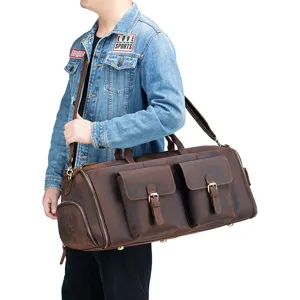Vintage genuine leather travel duffel bag for men, large capacity weekender luggage bag.