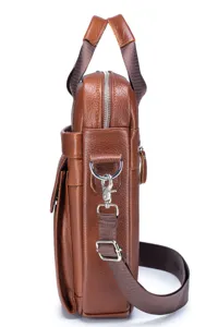 Side detail of brown genuine cowhide leather men's business briefcase with metal hardware.