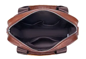 Top-down detailed view of the brown leather business bag showing its spacious interior and pockets.