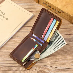 Detailed view of genuine crazy horse leather men wallet with multiple card slots and cash pocket.