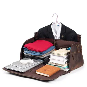 Genuine leather travel garment duffel bag with folding suit compartment and multi pockets.