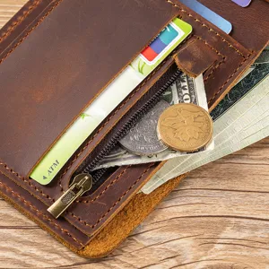 Men's crazy horse leather wallet detail, vintage short coin purse with card slots and zipper.