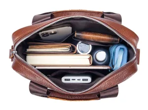 Detailed top view of genuine leather men capacity business briefcase interior with multiple pockets.