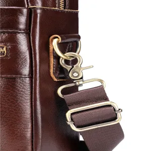 Genuine leather men's business shoulder bag detail, durable metal hardware and strap.