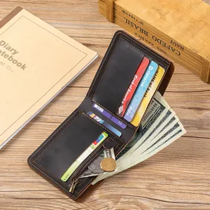 Men's genuine leather short bifold wallet vintage crazy horse leather card holder coin purse