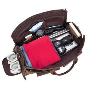 Genuine leather travel duffel bag with large capacity, multi-functional storage and compartments.