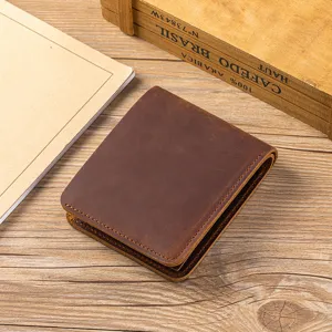 Men's vintage genuine leather short wallet, crazy horse leather card holder and coin purse.