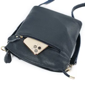 Dark blue genuine leather crossbody shoulder bag featuring front zipper pocket detail for phone