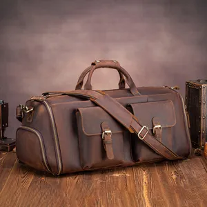 Vintage genuine leather travel duffel bag large capacity weekender bag for men and women