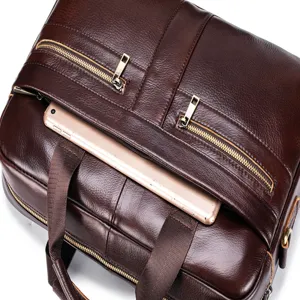 Men genuine leather business briefcase shoulder cross body laptop bag dark brown 1pc