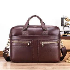Genuine leather business briefcase detail shot, dark brown men shoulder bag hardware.