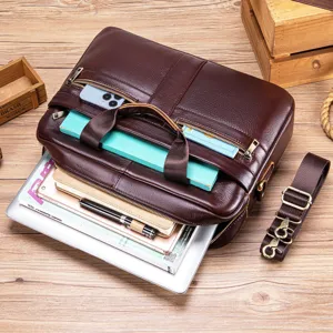 Men's genuine leather business briefcase vintage brown laptop shoulder bag with multiple pockets.