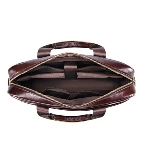 Genuine leather men business briefcase laptop bag with multiple interior compartments.