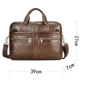 Brown leather briefcase detail showing dimensions, premium texture and durable double zippers.