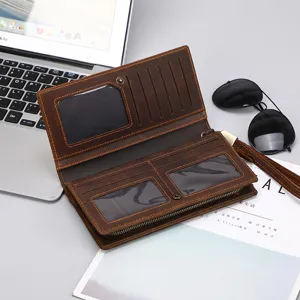 Men's vintage crazy horse leather long wallet multi-card holder business casual zipper purse.