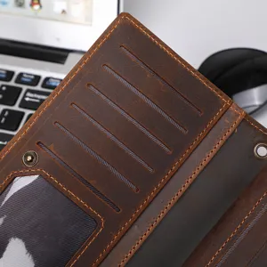 Genuine leather long wallet for men with card slots and ID window, vintage crazy horse design.