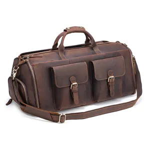 Vintage genuine leather travel duffel bag detail, multi-pocket weekender luggage bag.
