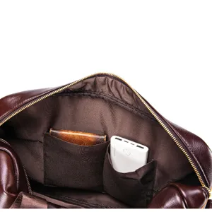 Interior view of genuine leather business briefcase with practical pockets for daily essentials.