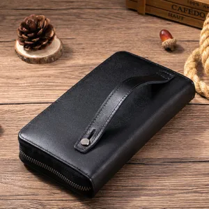 Detailed view of the genuine leather men's long wallet, showing texture and zipper.
