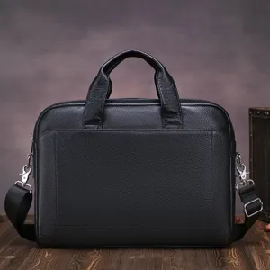 Premium black leather briefcase for men, professional business laptop bag with shoulder strap.