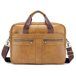 Men's brown leather briefcase laptop bag, large capacity shoulder bag for business travel.
