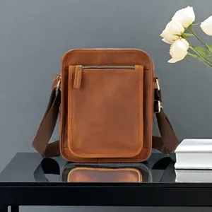 Vintage genuine leather vertical messenger bag casual handmade shoulder bag for men daily use.
