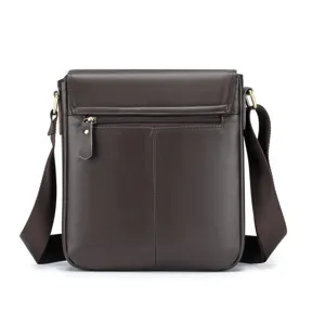 Men's leather crossbody shoulder bag detail view, vintage dark brown messenger bag.