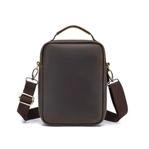 Detailed view of the vintage brown crazy horse leather men messenger bag hardware and texture.