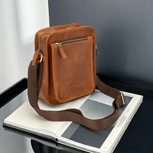 Men's vintage genuine crazy horse leather vertical crossbody bag for casual daily use.