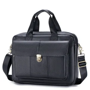 Black genuine leather mens briefcase detail, front flap pocket and metal lock hardware.