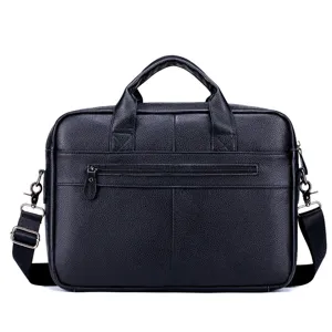 Black genuine leather business briefcase detail, soft cowhide texture, metal hardware zipper.