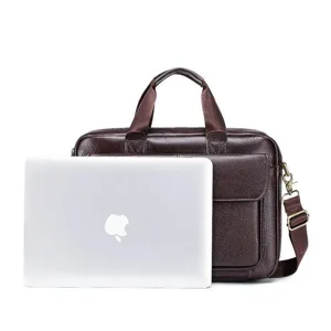 Detail shot showing laptop compatibility and large capacity of the dark brown leather briefcase.