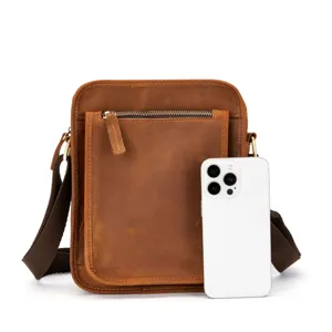 Men's vintage crazy horse leather vertical shoulder bag casual crossbody bag with phone size ref