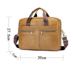 Detailed view of the genuine leather men's briefcase, highlighting size dimensions and zipper pockets.
