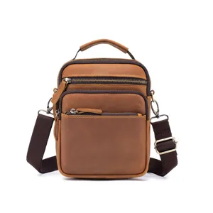 Vintage mad horse leather men shoulder bag detail, multi-pocket crossbody bag with handle.