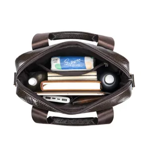 Interior detail shot of men's genuine leather briefcase showing large capacity and multi-compartment.