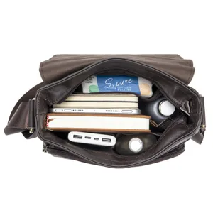 Genuine leather men's messenger bag interior detail view showcasing large capacity design.