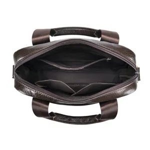 Inside view of men leather briefcase showing multiple zipper compartments and pockets.