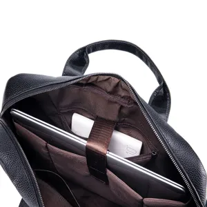 Men genuine leather business briefcase interior detail, laptop bag compartment storage display