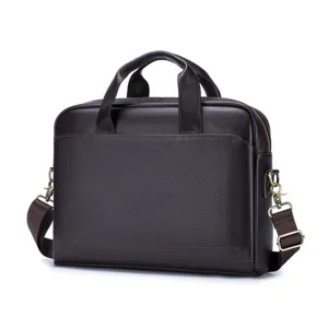 Genuine leather business briefcase for men, brown office laptop bag with handle and strap.