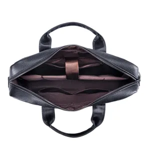 Detailed top view of black leather laptop briefcase interior compartments and soft lining.
