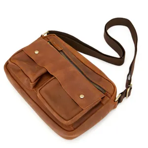 Close-up detail of retro crazy horse leather mens shoulder bag showing durable hardware.