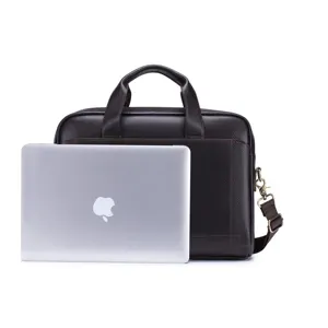 Dark brown genuine cowhide men's business briefcase with handle and shoulder strap, laptop prop.