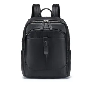 Black leather backpack detail, minimalist business casual style with multiple zipper pockets.