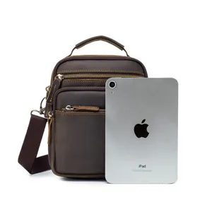 Vintage genuine leather messenger bag for men, multi-pocket crazy horse leather shoulder bag.