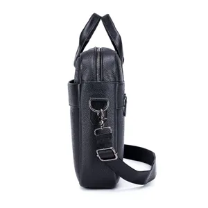 Detail view black genuine cowhide men business briefcase shoulder bag side profile hardware