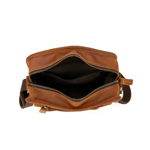 Men's vertical leather crossbody bag, vintage casual shoulder bag interior compartment view