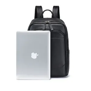 Close-up detail of black genuine leather men business casual backpack with laptop prop.