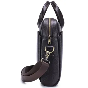 Side detail view of a dark brown genuine leather men's business briefcase with sturdy handles.
